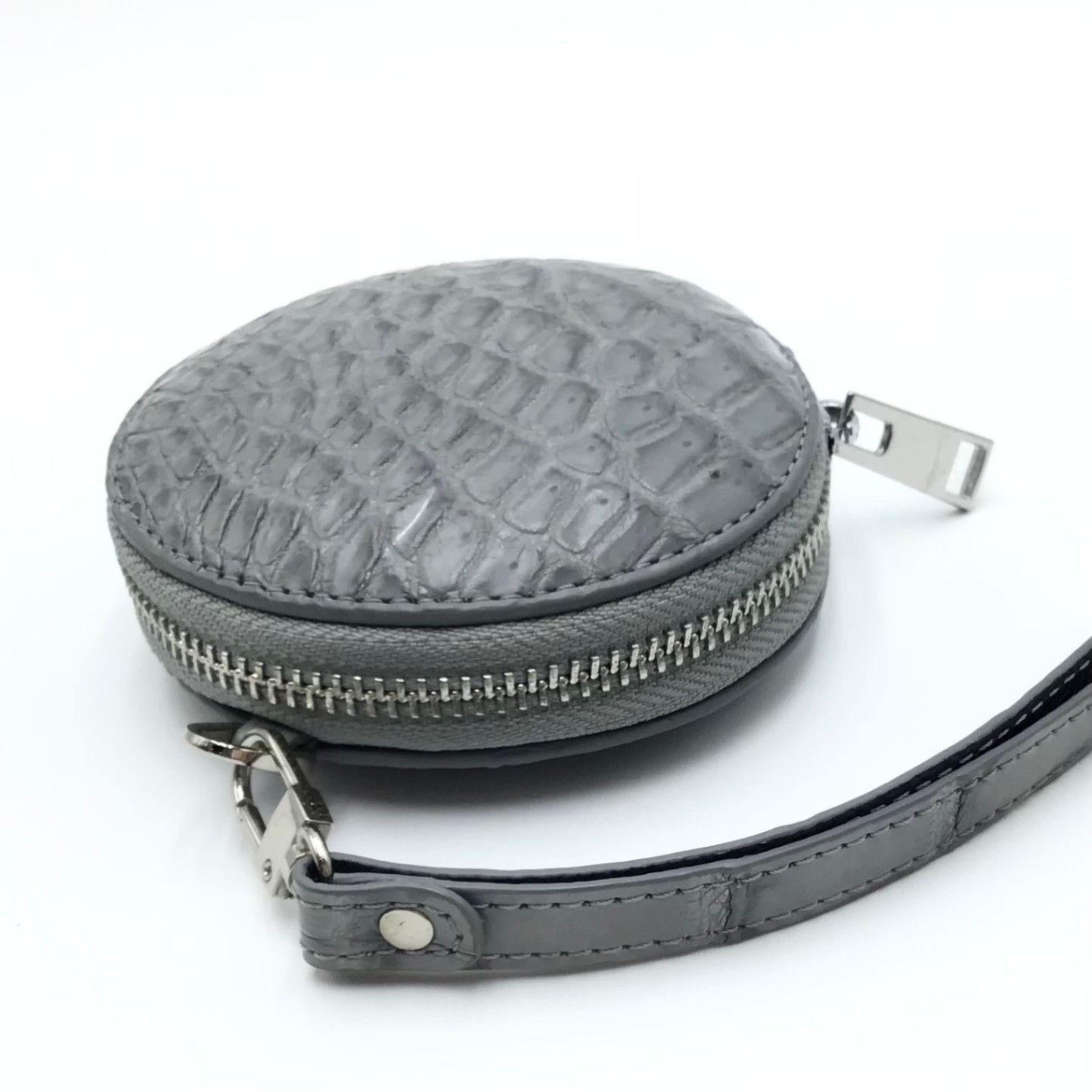 クロコダイル　ミニマルチポーチ丸形　ストラップ付　グレー