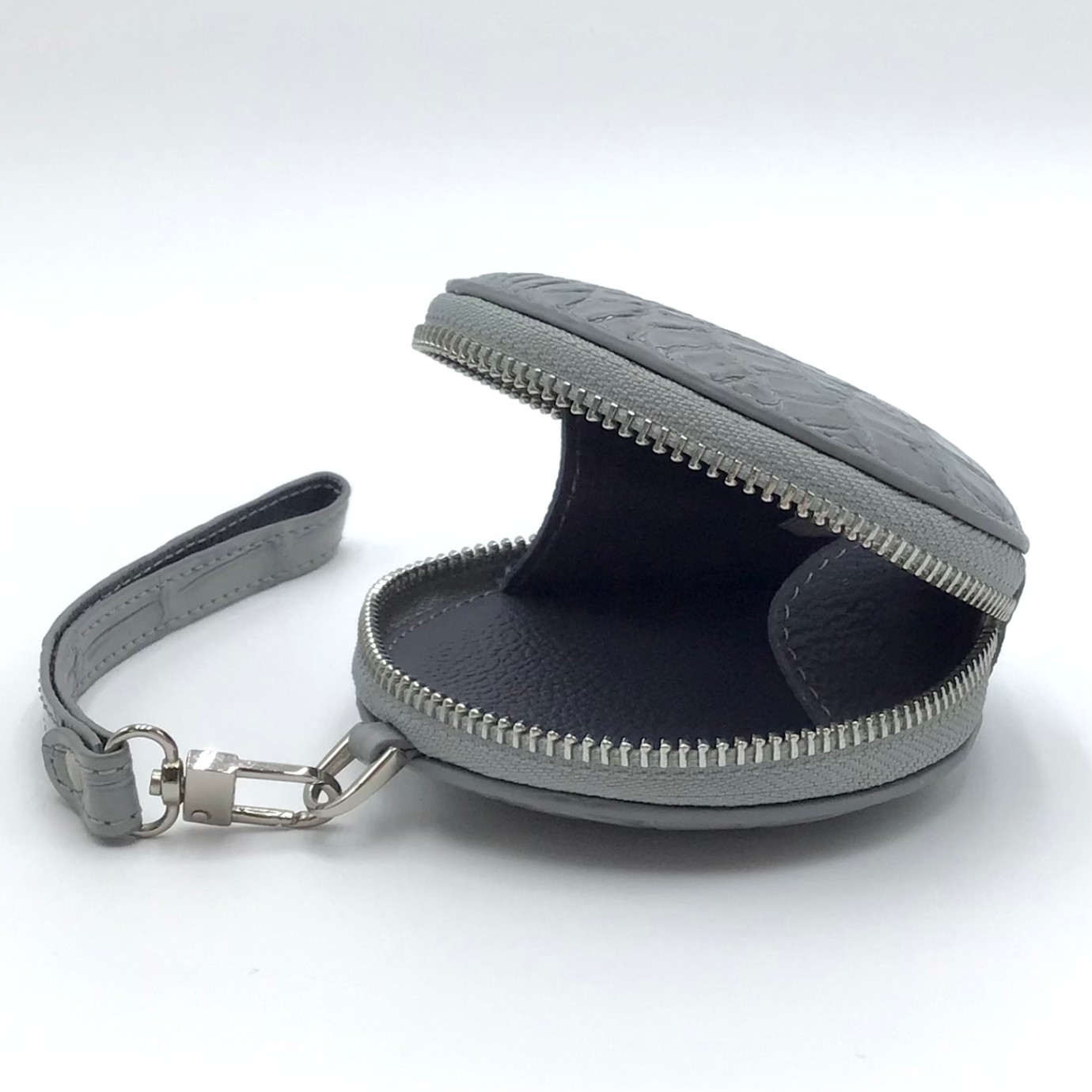 クロコダイル　ミニマルチポーチ丸形　ストラップ付　グレー