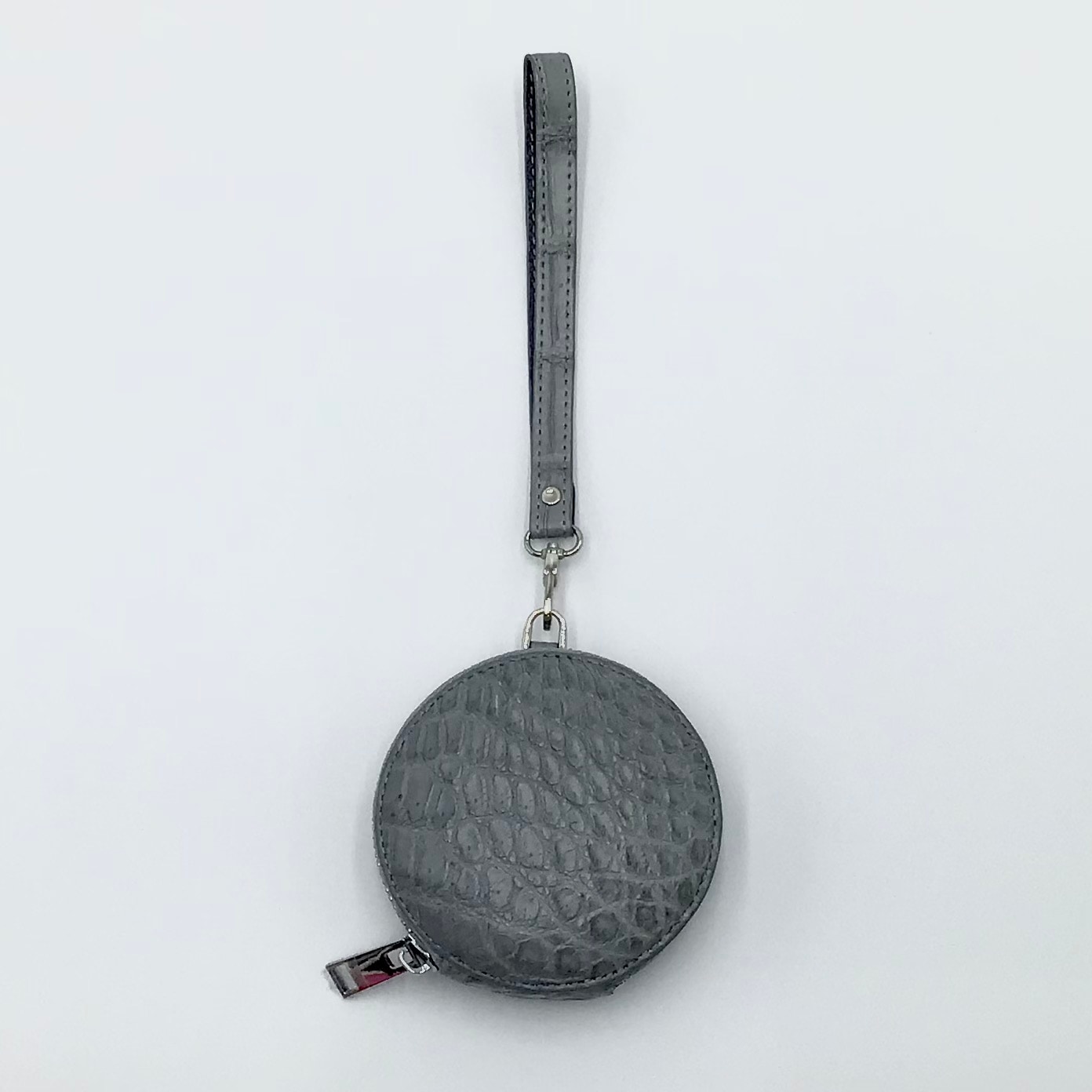 クロコダイル　ミニマルチポーチ丸形　ストラップ付　グレー