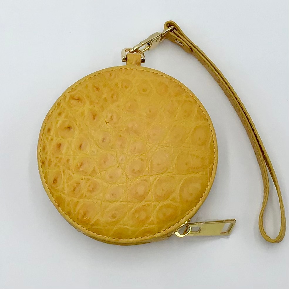 クロコダイル　ミニマルチポーチ丸形　ストラップ付　イエロー
