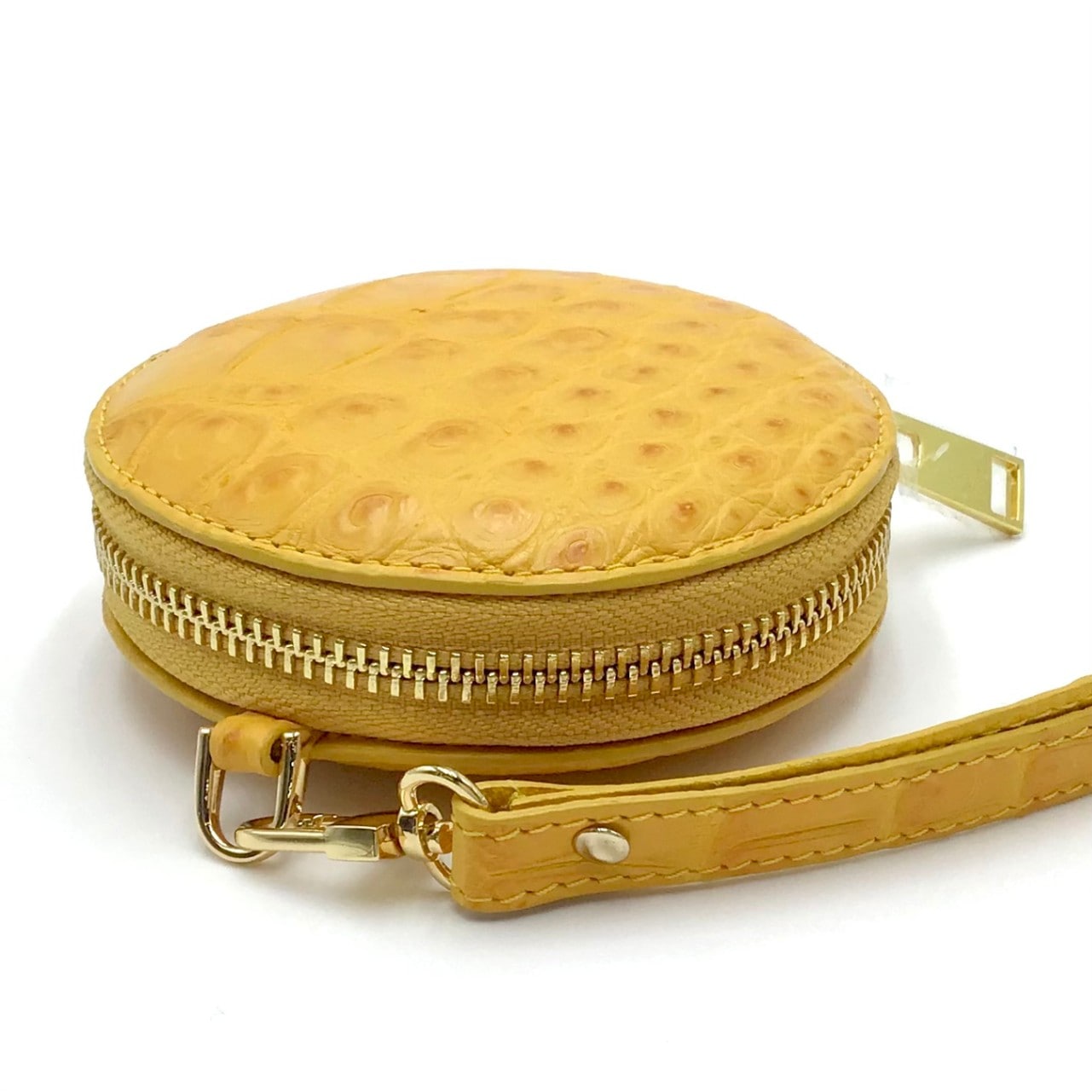 クロコダイル　ミニマルチポーチ丸形　ストラップ付　イエロー