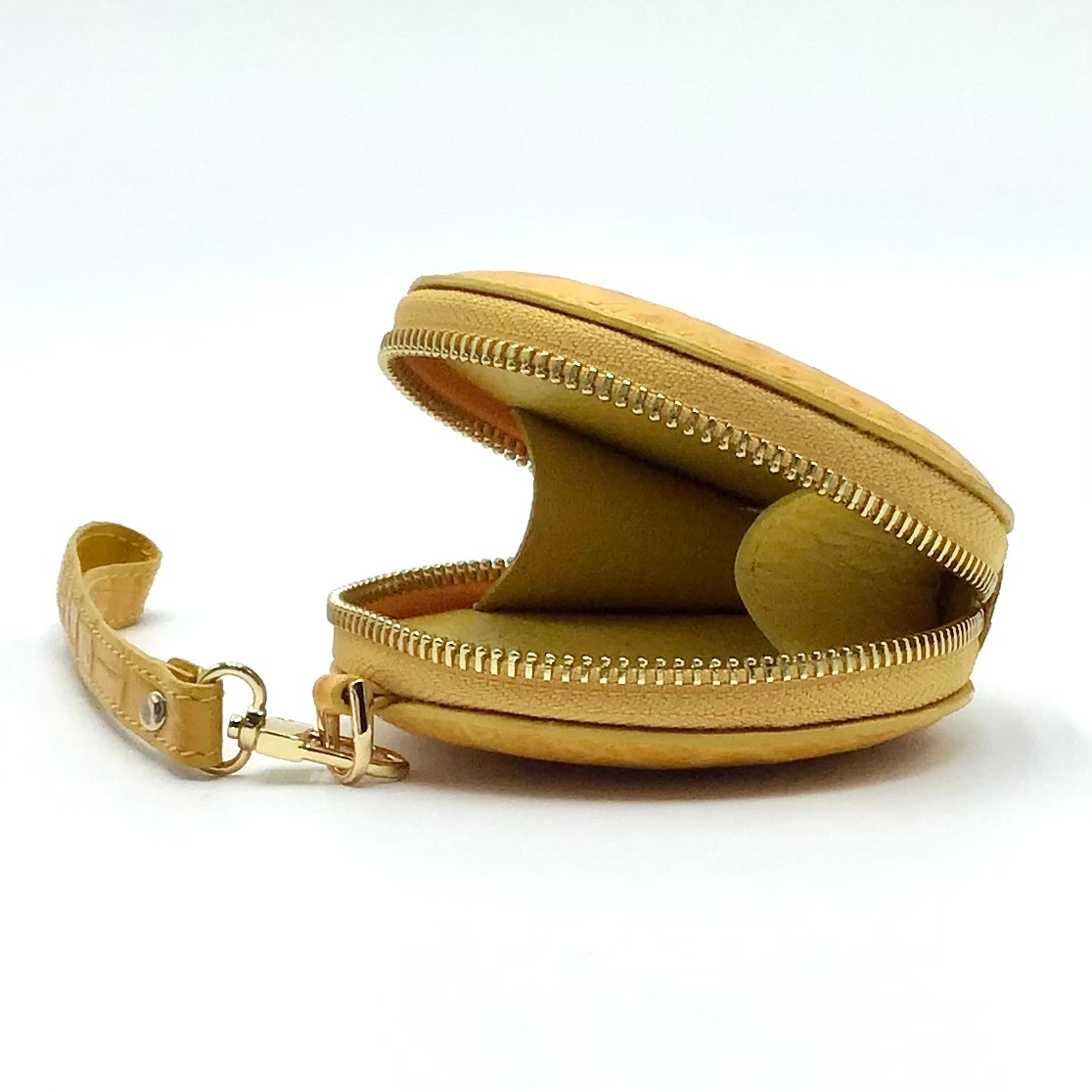 クロコダイル　ミニマルチポーチ丸形　ストラップ付　イエロー