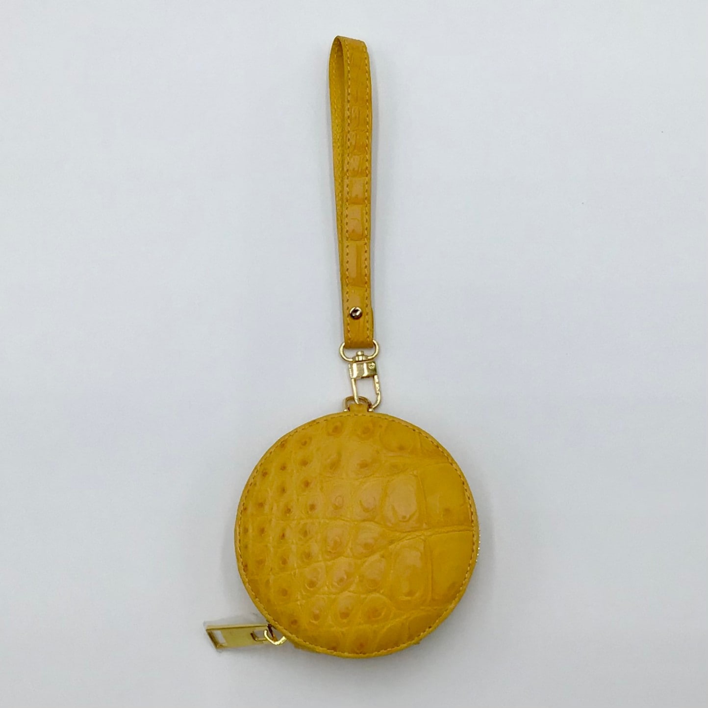 クロコダイル　ミニマルチポーチ丸形　ストラップ付　イエロー