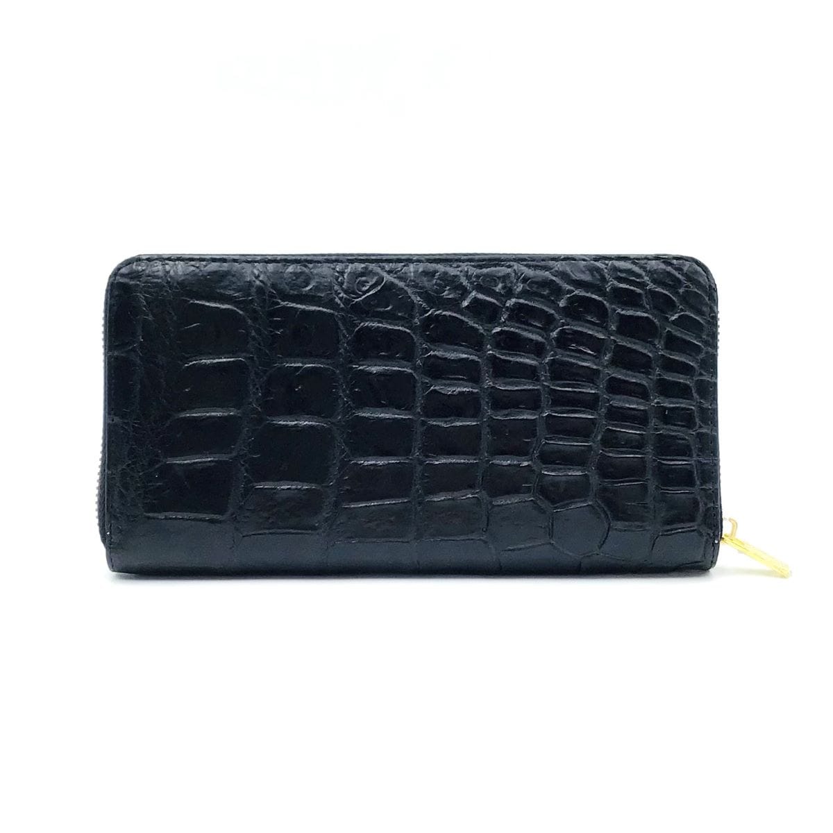 クロコダイル　長財布　ブラック　ラウンドファスナー(ゴールド)