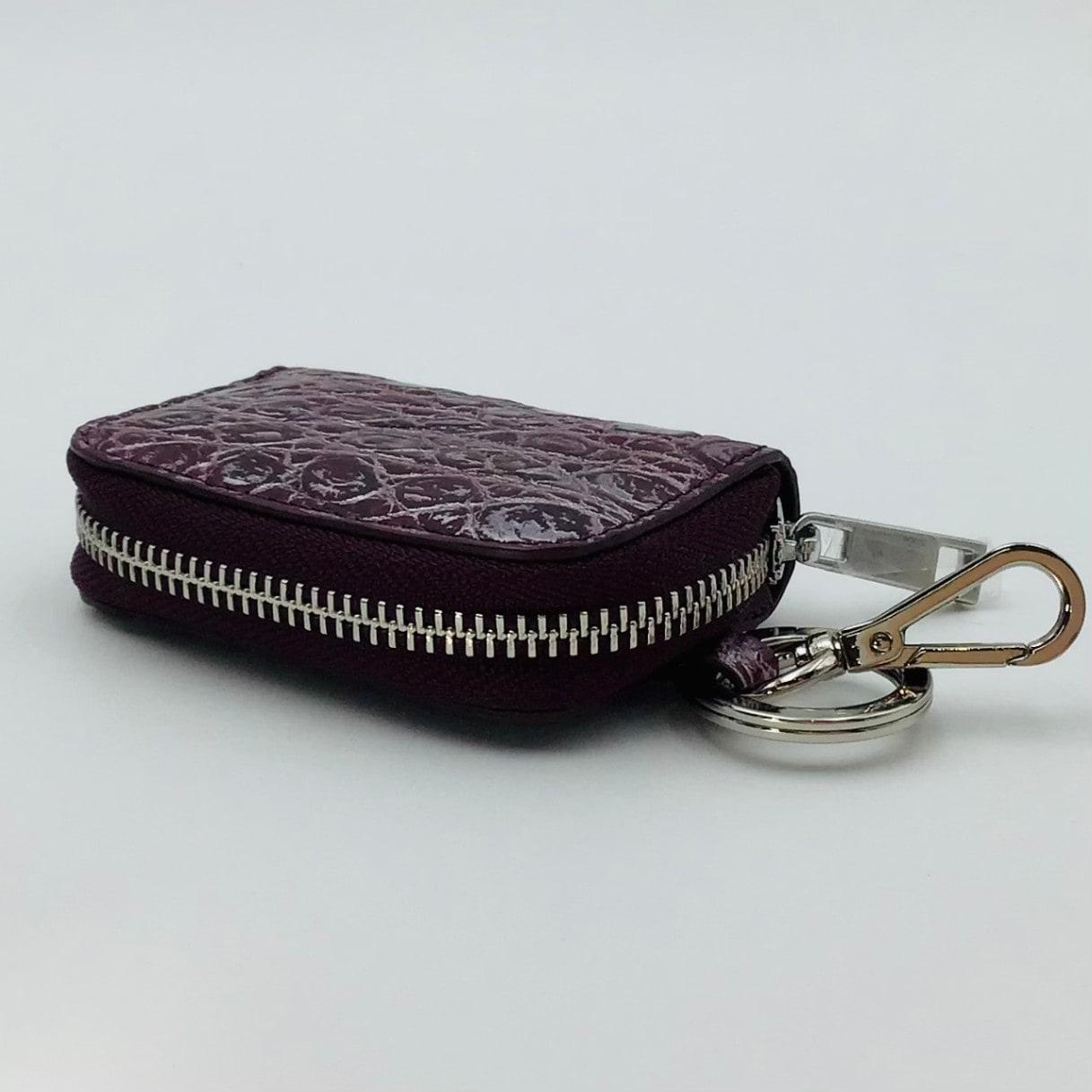 クロコダイル　キーケース　ワインレッド　ラウンドファスナー(シルバー)