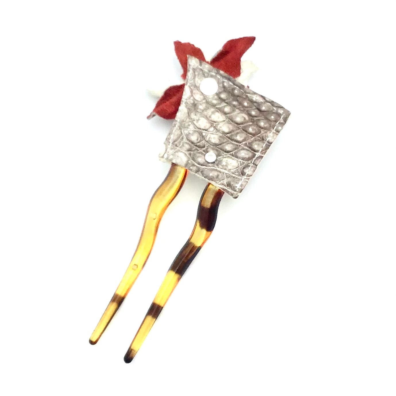 クロコダイル　レザーフラワー　スワロフスキー　ヘアーアクセサリー　かんざしA-WhiteRed01