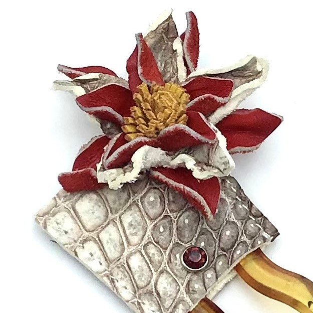 クロコダイル　レザーフラワー　スワロフスキー　ヘアーアクセサリー　かんざしA-WhiteRed01