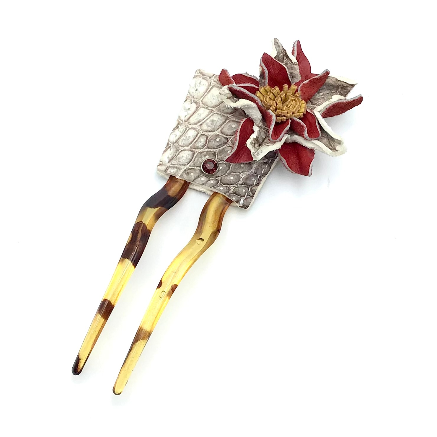 クロコダイル　レザーフラワー　スワロフスキー　ヘアーアクセサリー　かんざしA-WhiteRed01