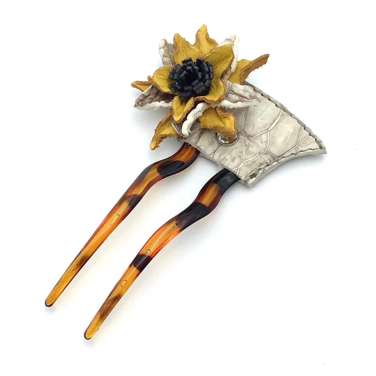 クロコダイル　レザーフラワー　スワロフスキー　ヘアーアクセサリー　かんざしA-Yellow01