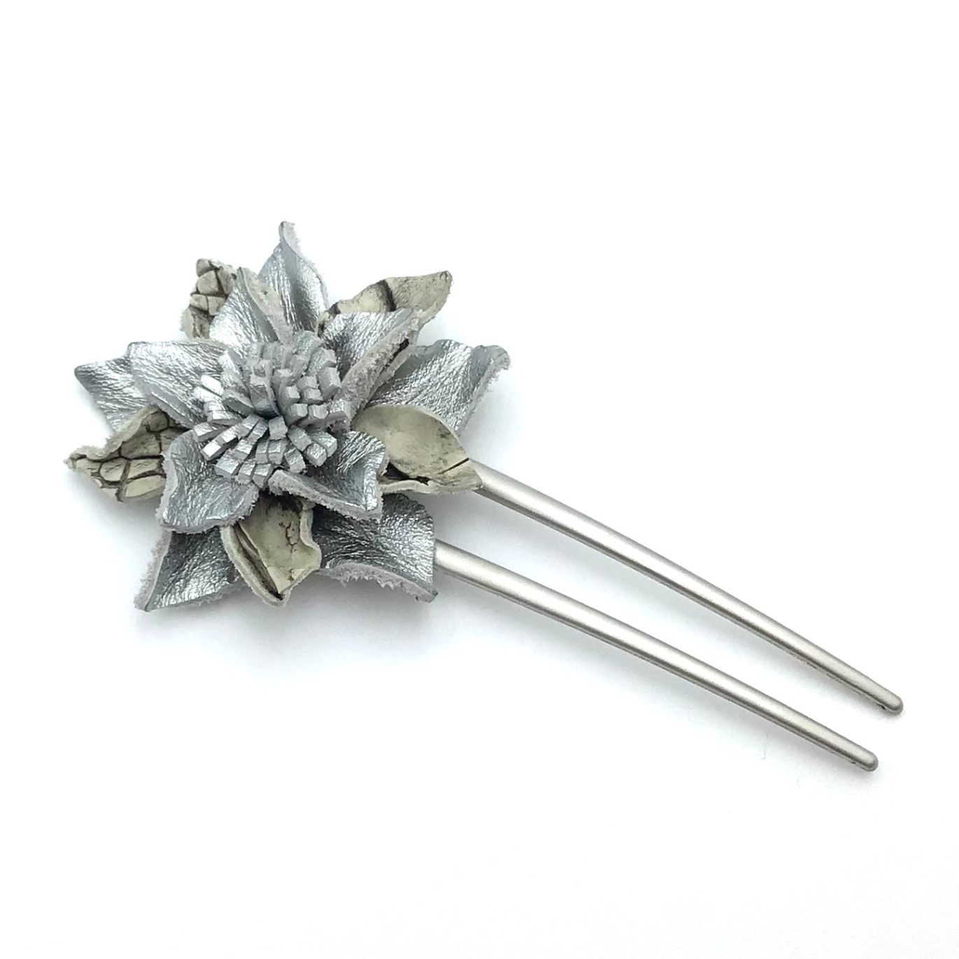 クロコダイル　レザーフラワー　ヘアーアクセサリー　かんざしB-LightGray01