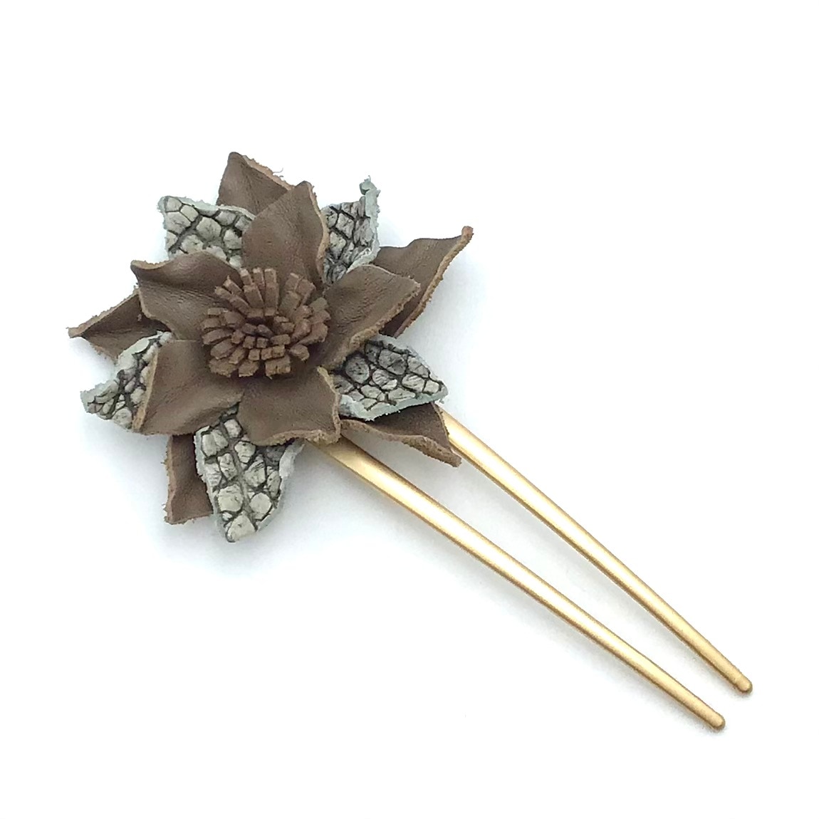 クロコダイル　レザーフラワー　ヘアーアクセサリー　かんざしB-BrownGray01