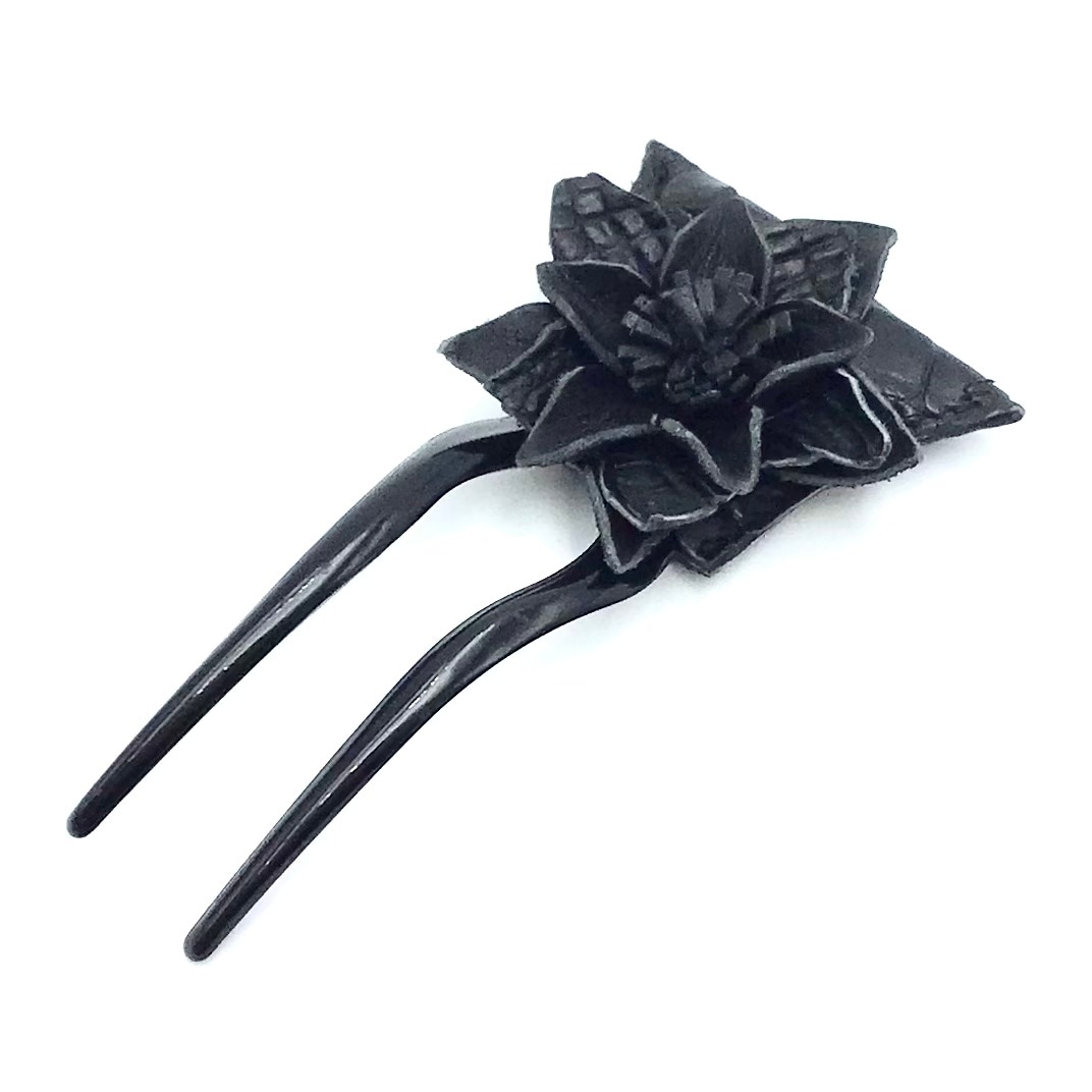 クロコダイル　レザーフラワー　ヘアーアクセサリー　かんざしA-Black01