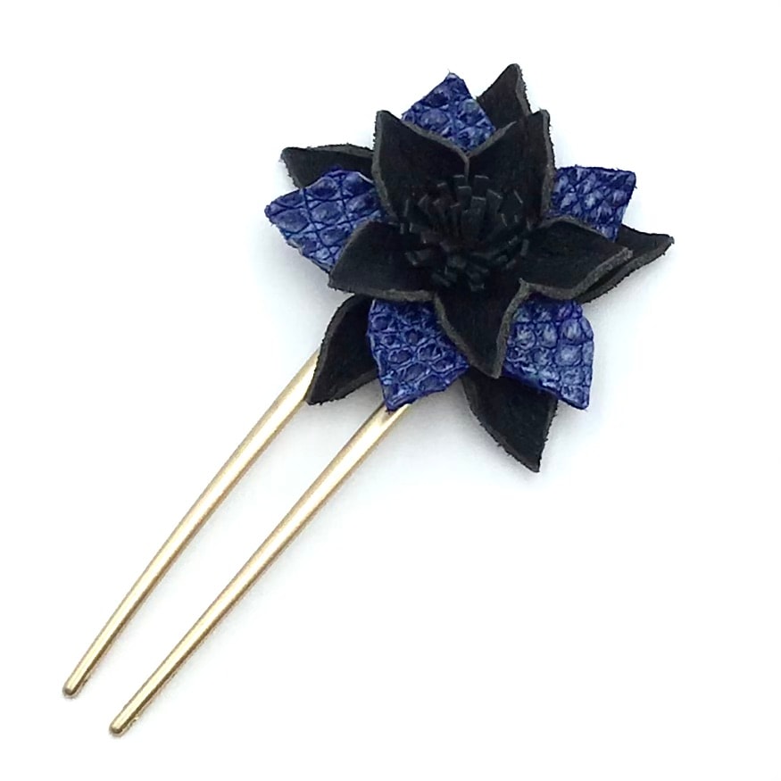 クロコダイル　レザーフラワー　ヘアーアクセサリー　かんざしB-BlackBlue01