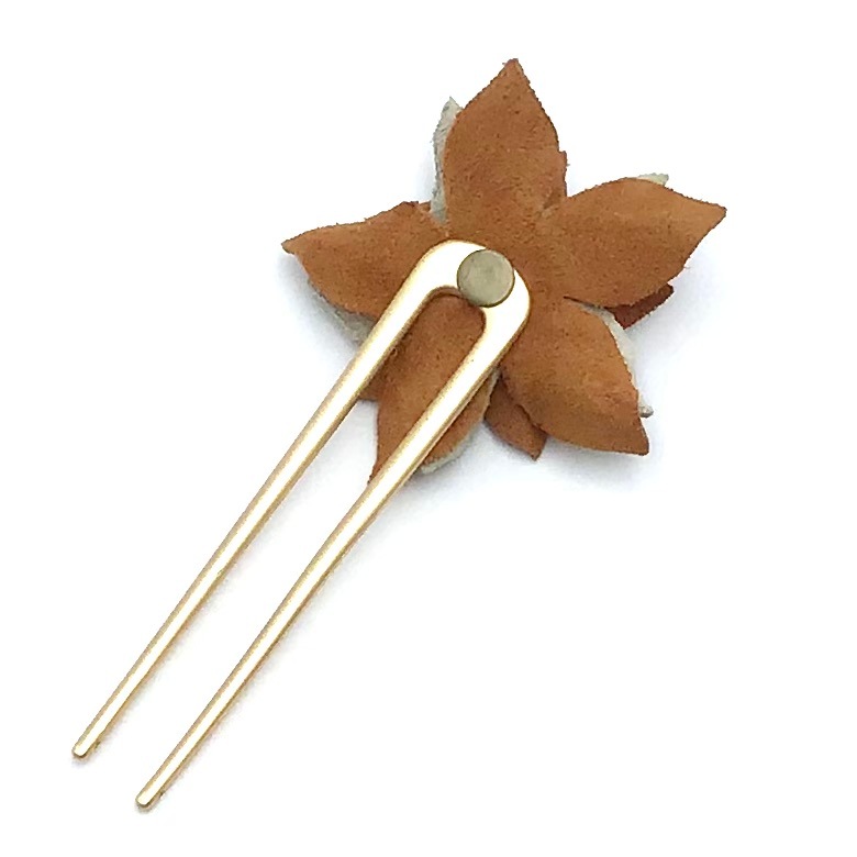 クロコダイル　レザーフラワー　ヘアーアクセサリー　かんざしB-BrownBrown01