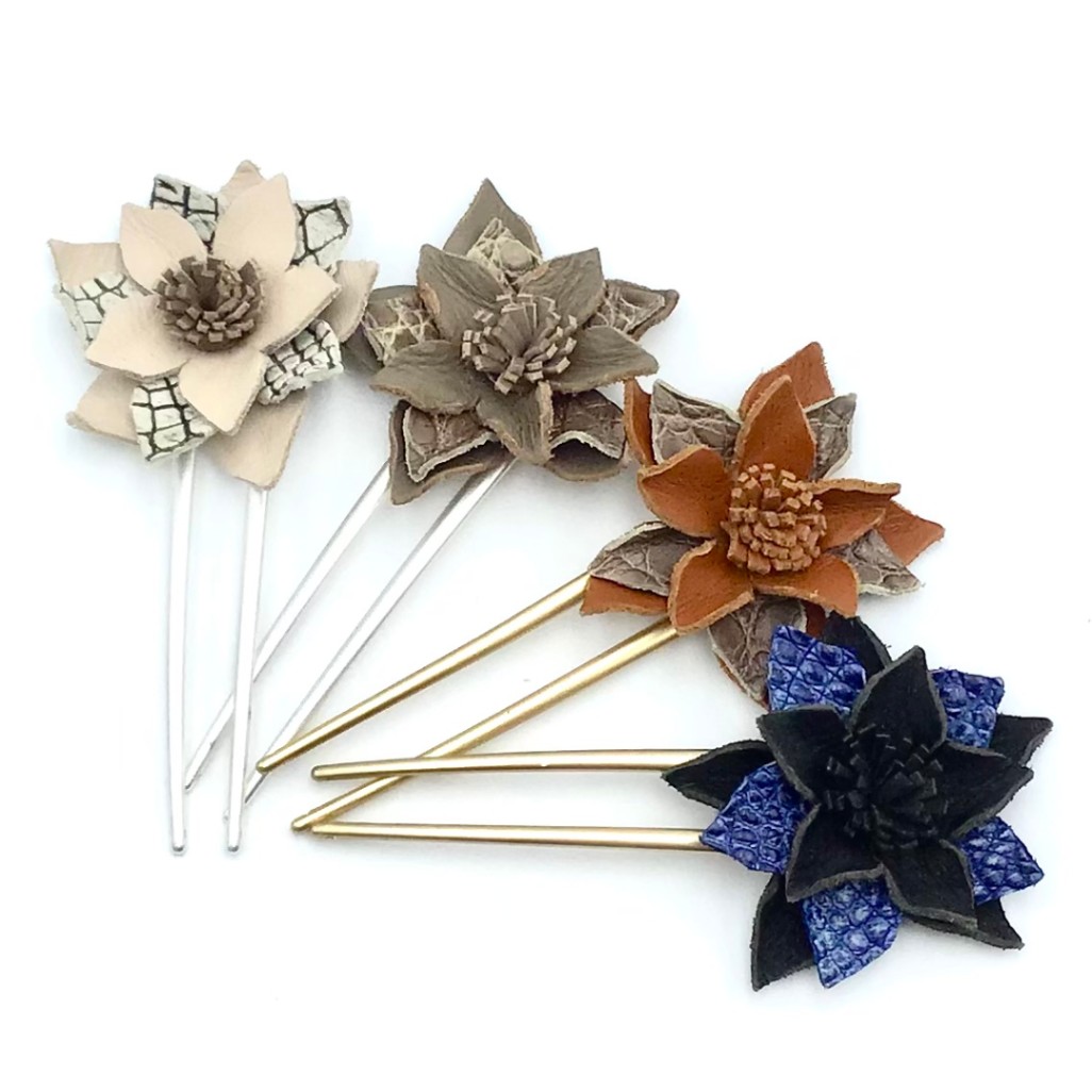 クロコダイル　レザーフラワー　ヘアーアクセサリー　かんざしB-BrownBrown01