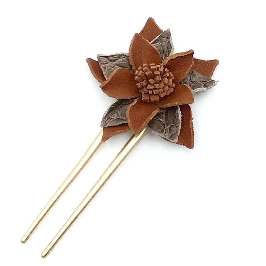 クロコダイル　レザーフラワー　ヘアーアクセサリー　かんざしB-BrownBrown01