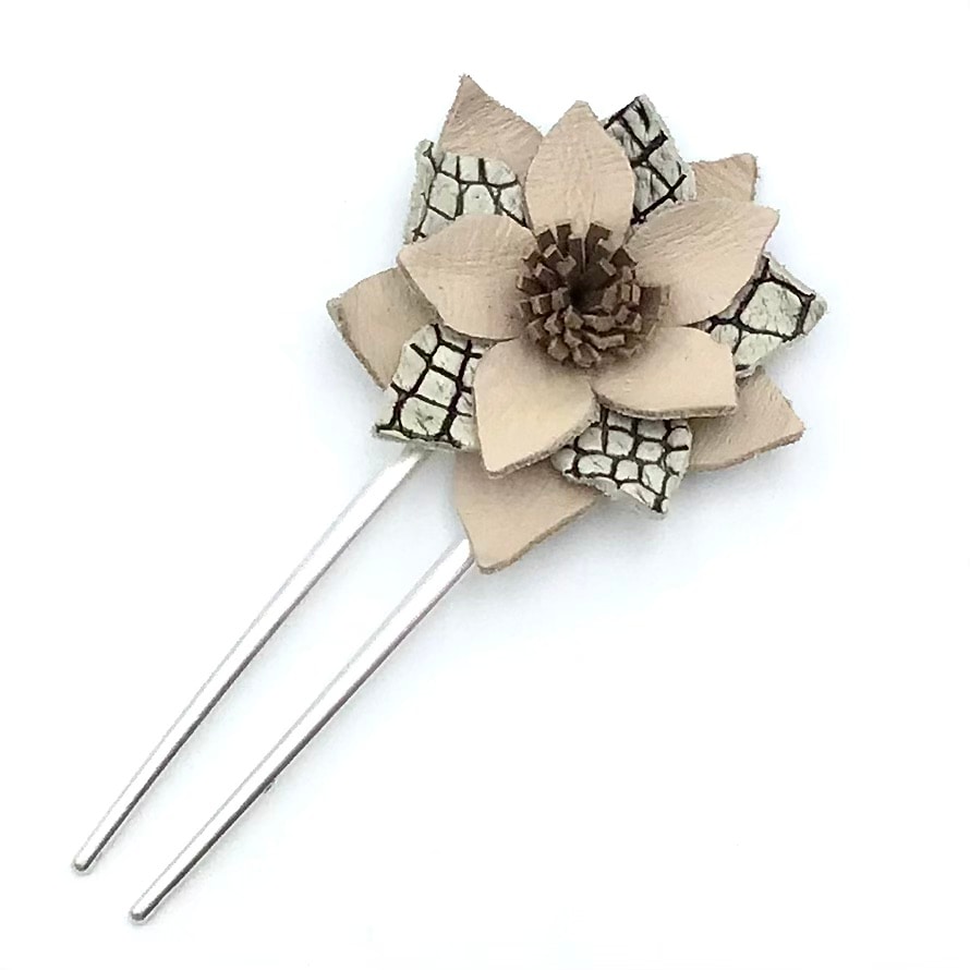 クロコダイル　レザーフラワー　ヘアーアクセサリー　かんざしB-Ivory01