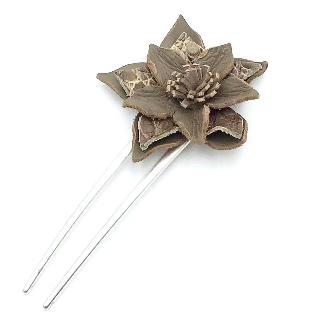 クロコダイル　レザーフラワー　ヘアーアクセサリー　かんざしB-Greige01