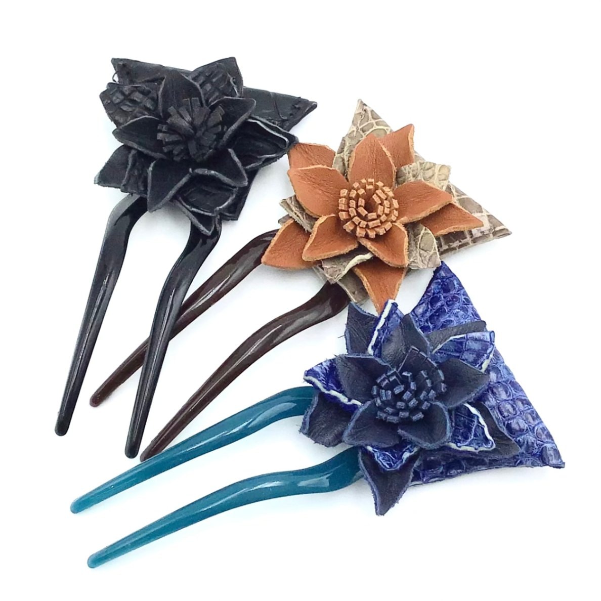 クロコダイル　レザーフラワー　ヘアーアクセサリー　かんざしA-Blue01