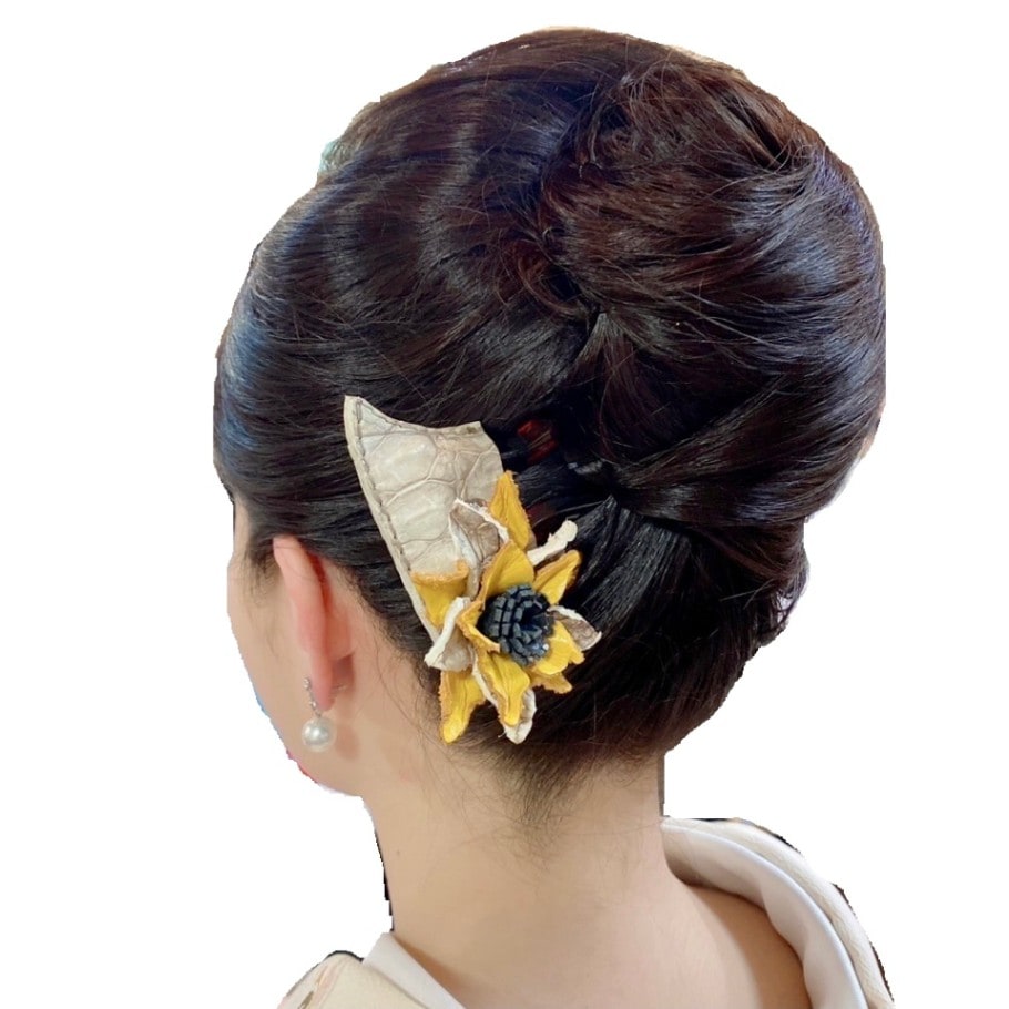 クロコダイル　レザーフラワー　ヘアーアクセサリー　かんざしA-Blue01