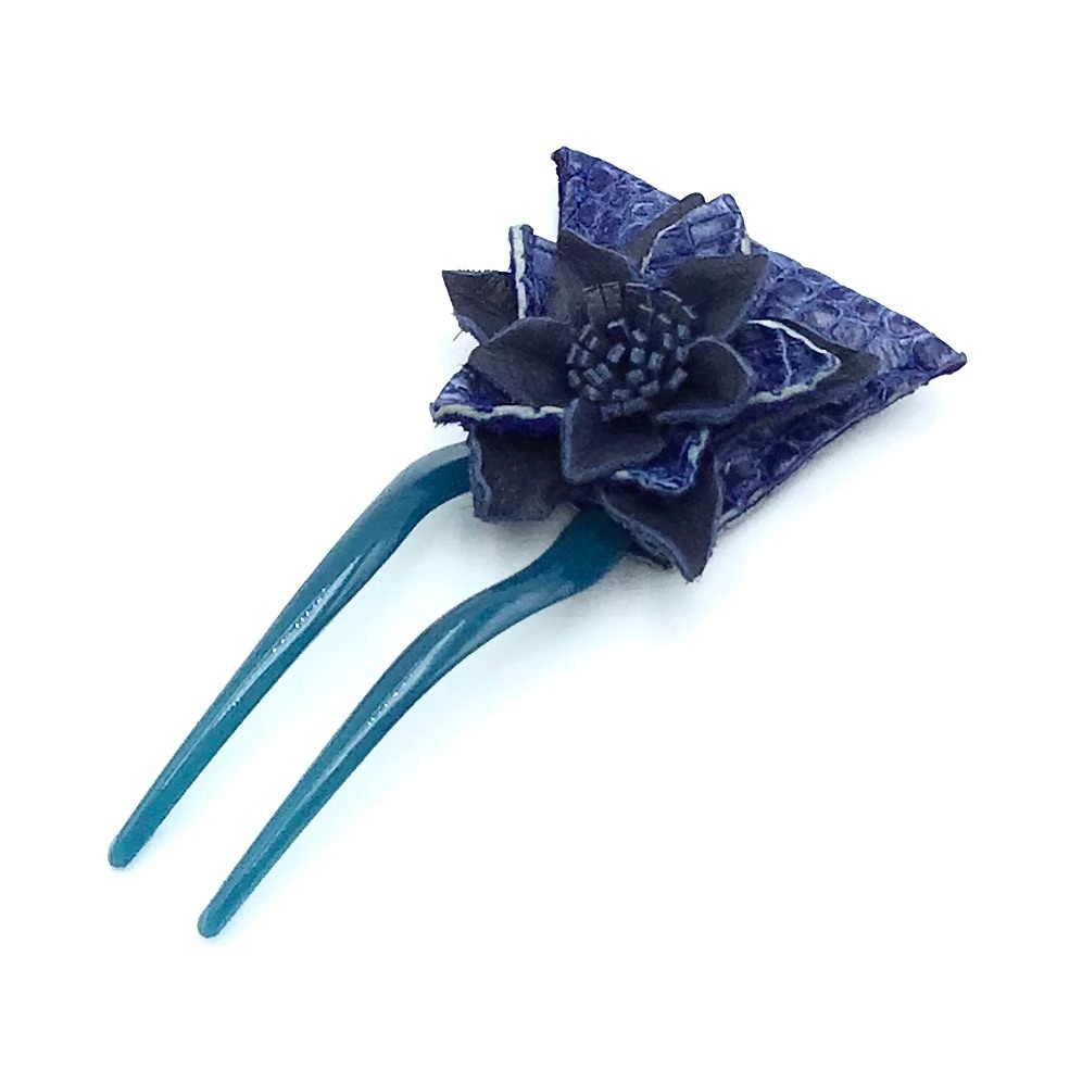 クロコダイル　レザーフラワー　ヘアーアクセサリー　かんざしA-Blue01