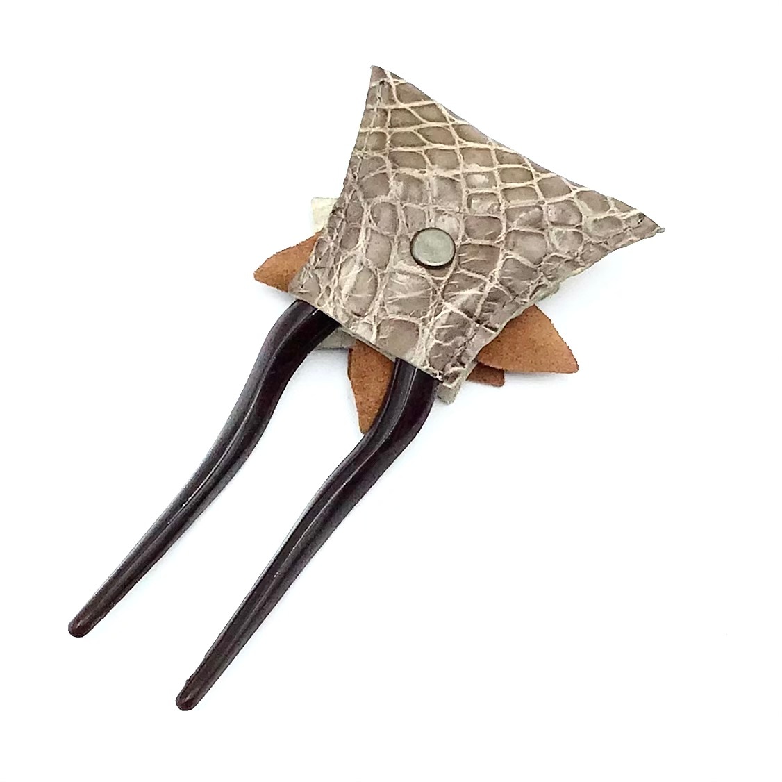 クロコダイル　レザーフラワー　ヘアーアクセサリー　かんざしA-Brown01