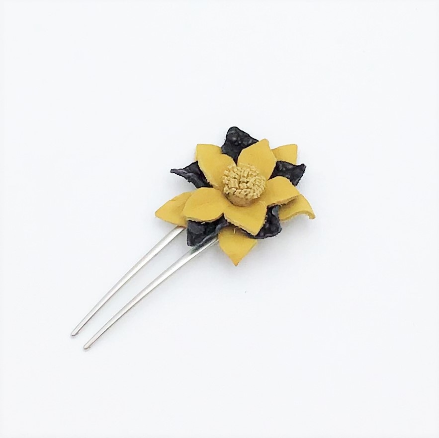 クロコダイル　レザーフラワー　ヘアーアクセサリー　かんざしB-Yellow Black01