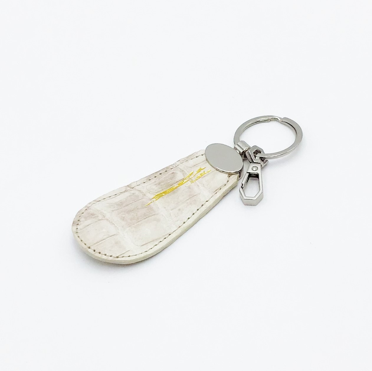 靴べらタイプキーホルダーA　ヒマラヤクロコダイル　本革　キーリング　ホワイト　シルバー　01