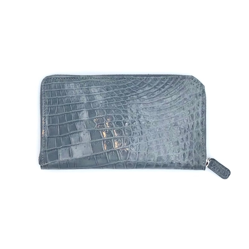 クロコダイル　ビッグウォレット　ラウンドファスナー(シルバー)　ライトグレー