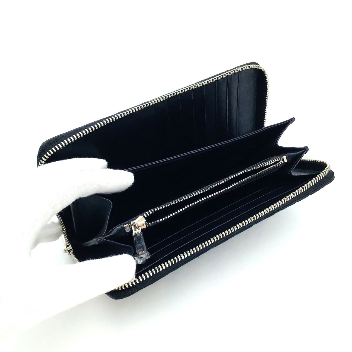 クロコダイル　長財布　ブラック　ラウンドファスナー(シルバー)