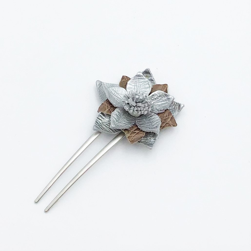 クロコダイル　レザーフラワー　ヘアーアクセサリー　かんざしB-Silver Brown01
