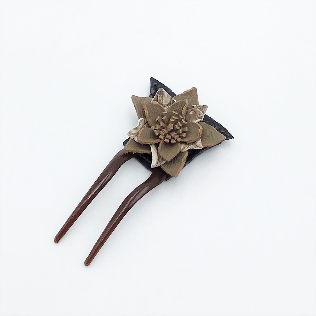 クロコダイル　レザーフラワー　ヘアーアクセサリー　かんざしA-Brown Black01