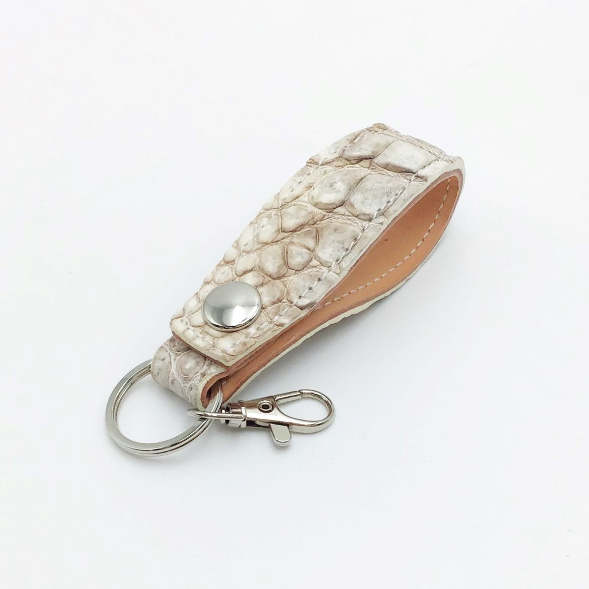 ループキーホルダー　キーリング　ヒマラヤクロコダイル　本革　ホワイト　シルバー　01