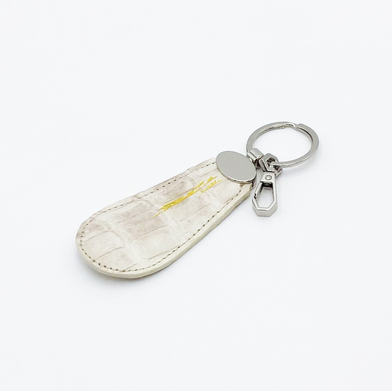 靴べらタイプキーホルダーA　ヒマラヤクロコダイル　本革　キーリング　ホワイト　シルバー　01