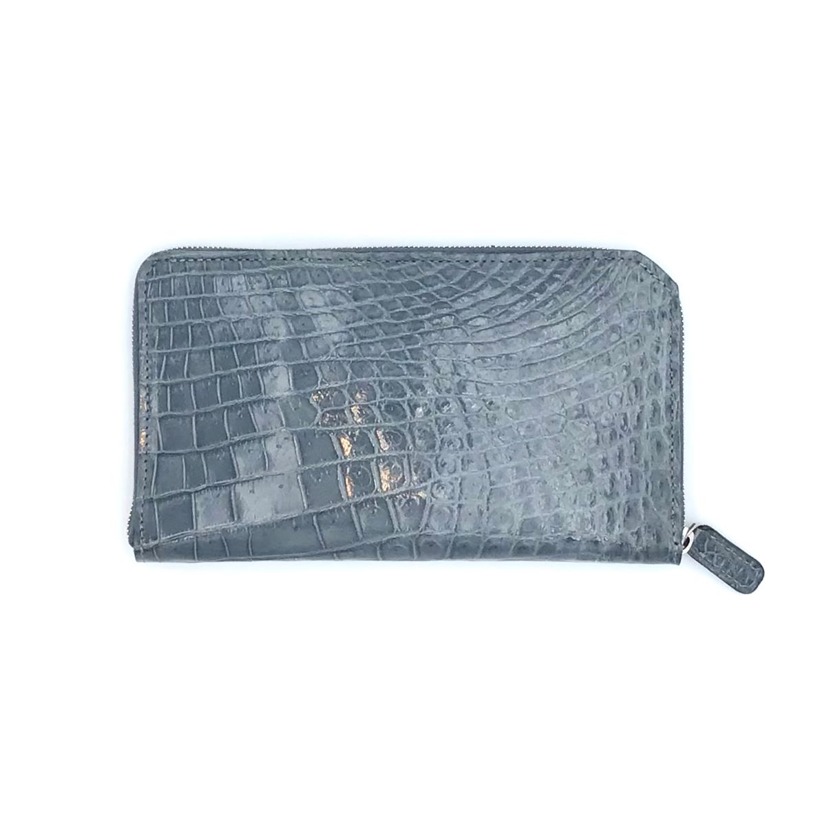 クロコダイル　ビッグウォレット　ラウンドファスナー(シルバー)　ライトグレー