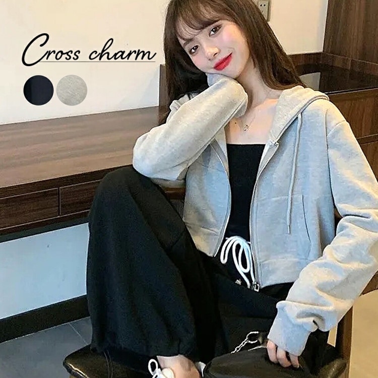 千鳥格子 韓国系 ショート丈 おしゃれ ジップパーカー 10688 cjfj104623.jpg