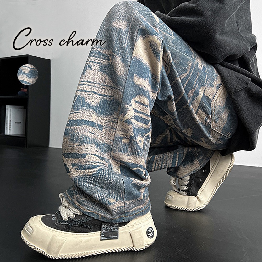 トロンプルイユ柄 ダメージ デニム エフェクト ワイド パンツ 