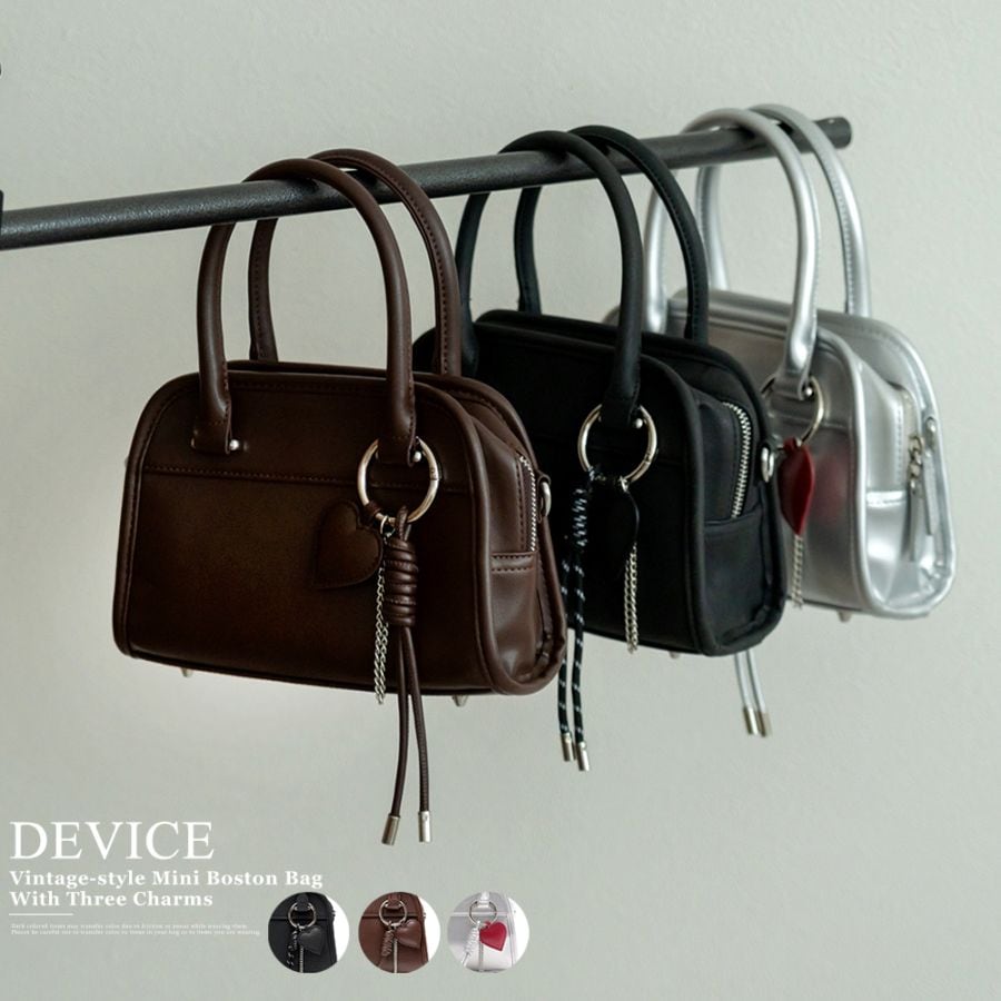 【20％OFFクーポン／最大35％OFF】DEVICE 3連チャーム付き ヴィンテージライク ミニボストン ハンドバッグ 2way フェイクレザー レディース 小さめ 軽量 おしゃれ かわいい 人気 通勤 通学 旅行 お出かけ 3連チャーム付き トートバッグ 2wayバッグ ブランド