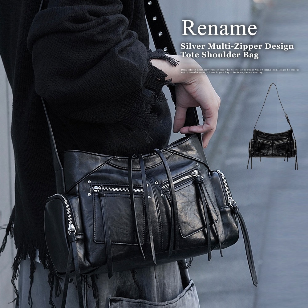 Renameシルバーマルチファスナーデザイン ショルダーバッグ ショルダーバッグ バッグ ワンショルダー レディース メンズ 2way 通勤  肩掛け 斜めがけバッグ 大人 通学 大容量 大きめ 通勤トート ポケット多い トレンドバッグ メッセンジャーバッグ マルチジップバッグ Y2Kバッグ