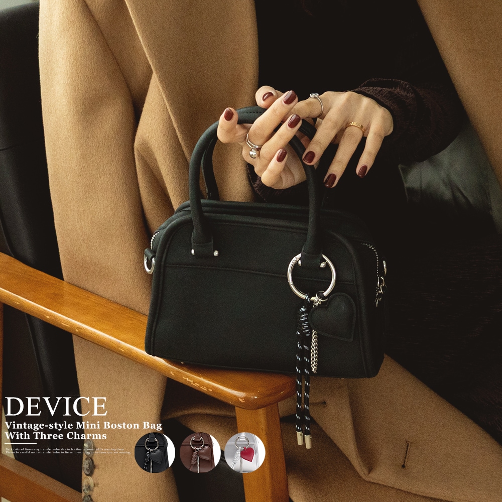 【クーポン利用で30％OFF】DEVICE 3連チャーム付き ヴィンテージライク ミニボストン ハンドバッグ 2way フェイクレザー レディース 小さめ 軽量 おしゃれ かわいい 人気 通勤 通学 旅行 お出かけ 3連チャーム付き トートバッグ 2wayバッグ ブランド