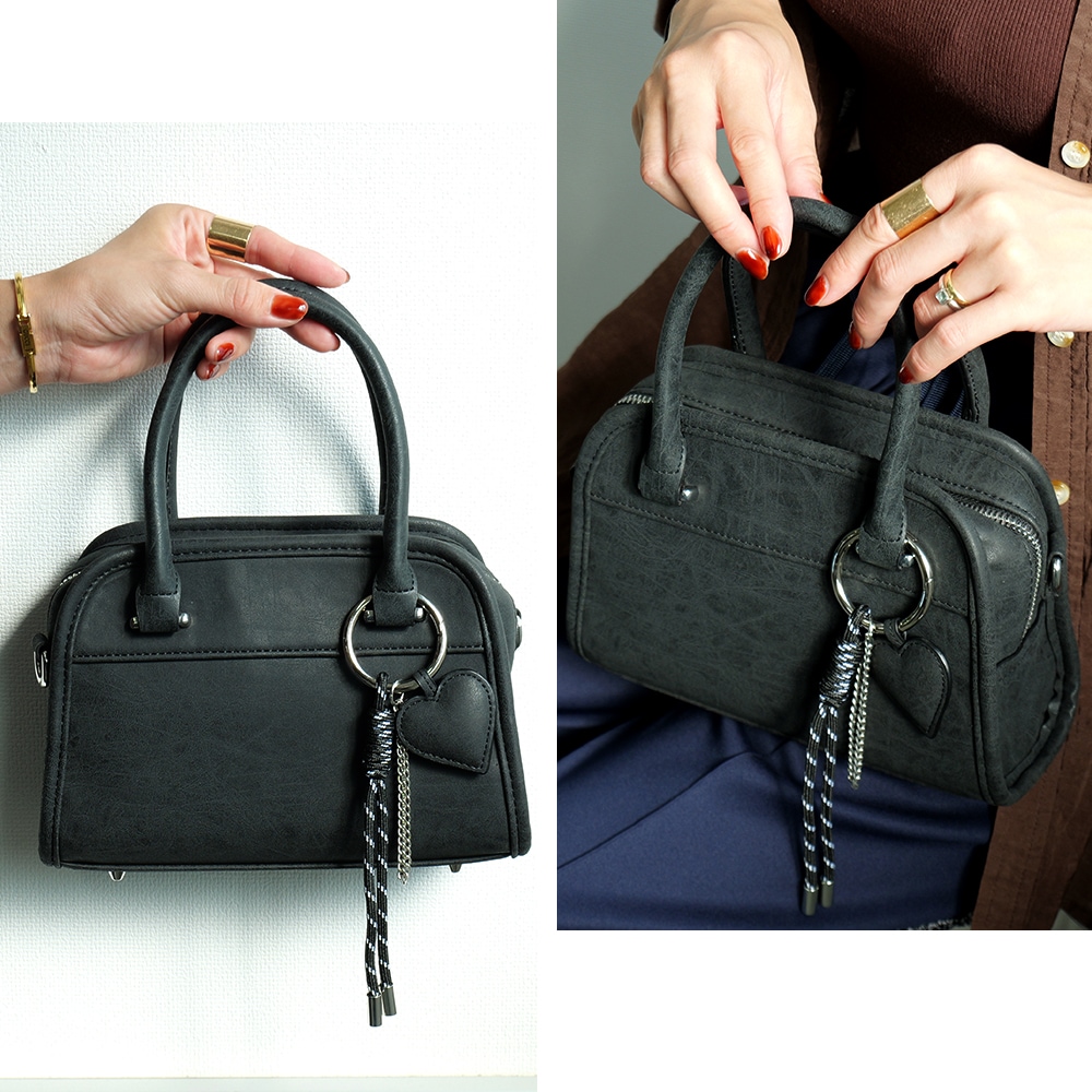 2025-2026AW新作【クーポンで30％OFF】DEVICE 3連チャーム付き ヴィンテージライク ミニボストン ハンドバッグ 2way フェイクレザー レディース 小さめ 軽量 おしゃれ かわいい 人気 通勤 通学 旅行 お出かけ 3連チャーム付き トートバッグ 2wayバッグ ブランド