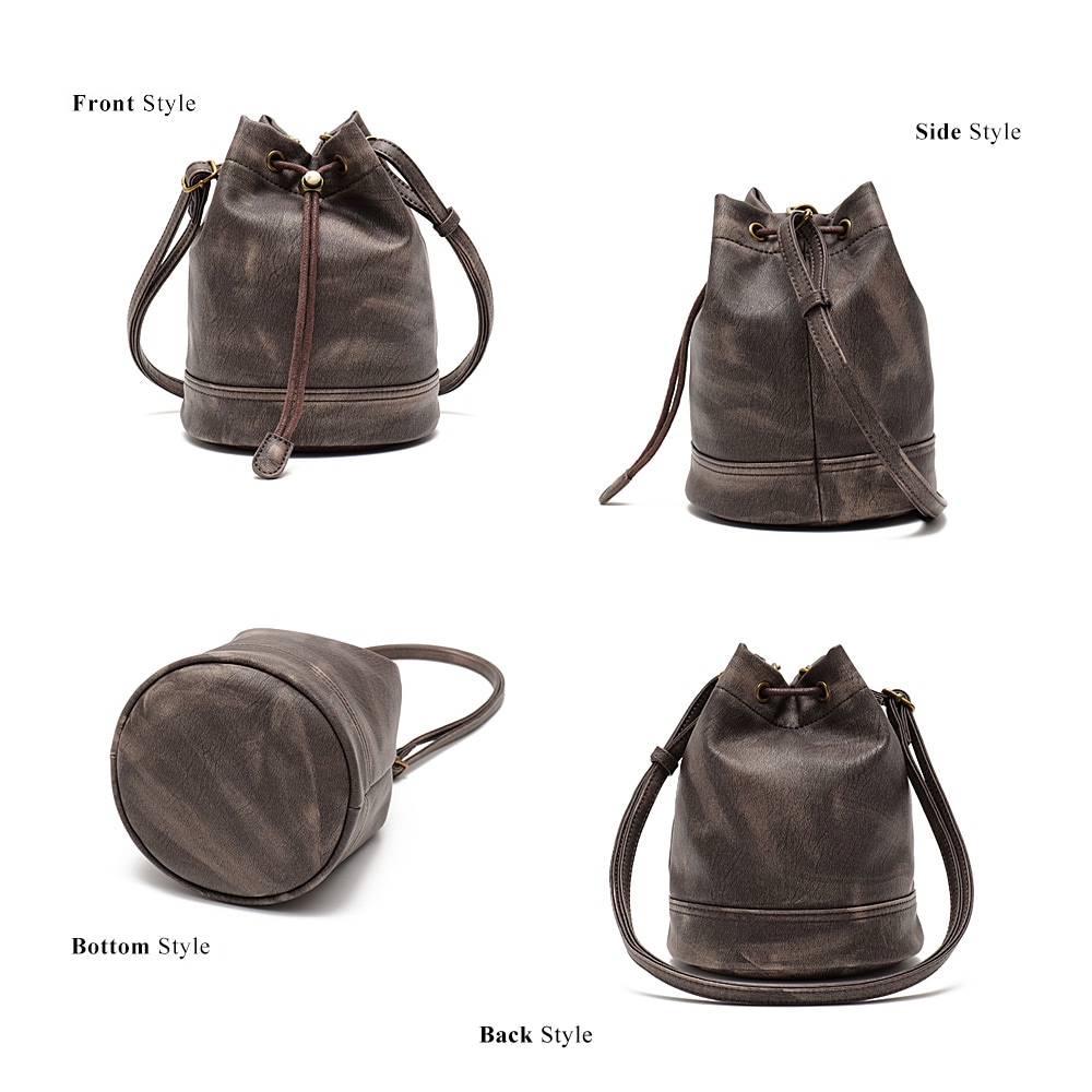 DEVICE ヴィンテージデザイン 巾着 ショルダーバッグ 巾着バッグ フェイクレザー バケットバッグ 大人カジュアル 小さめ 軽量 ミニショルダー 斜めがけ ポシェット メンズ レディース ユニセックス おしゃれ かわいい 人気 通勤 通学 旅行 ブランド トレンドバッグ ヴィンテージ加工 レザー調