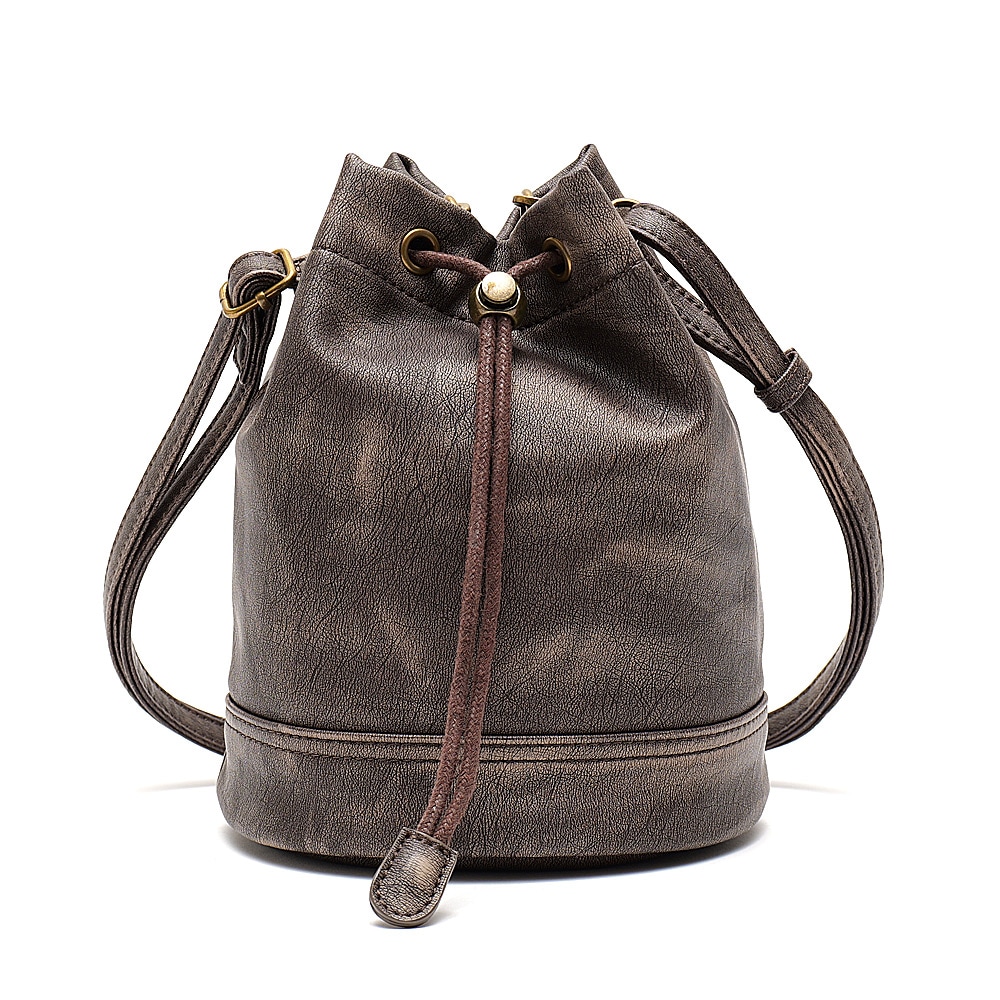 DEVICE ヴィンテージデザイン 巾着 ショルダーバッグ 巾着バッグ フェイクレザー バケットバッグ 大人カジュアル 小さめ 軽量 ミニショルダー 斜めがけ ポシェット メンズ レディース ユニセックス おしゃれ かわいい 人気 通勤 通学 旅行 ブランド トレンドバッグ ヴィンテージ加工 レザー調