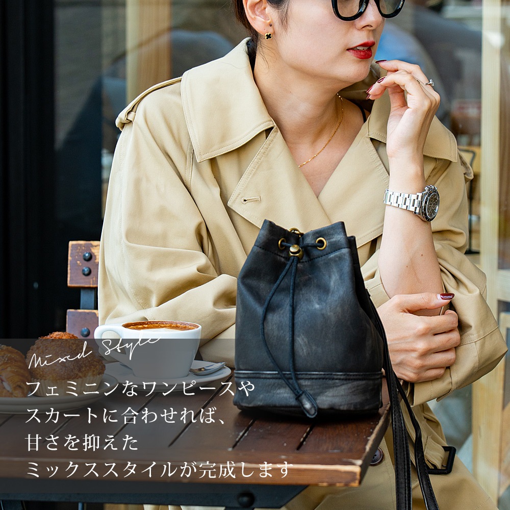 DEVICE ヴィンテージデザイン 巾着 ショルダーバッグ 巾着バッグ フェイクレザー バケットバッグ 大人カジュアル 小さめ 軽量 ミニショルダー 斜めがけ ポシェット メンズ レディース ユニセックス おしゃれ かわいい 人気 通勤 通学 旅行 ブランド トレンドバッグ ヴィンテージ加工 レザー調