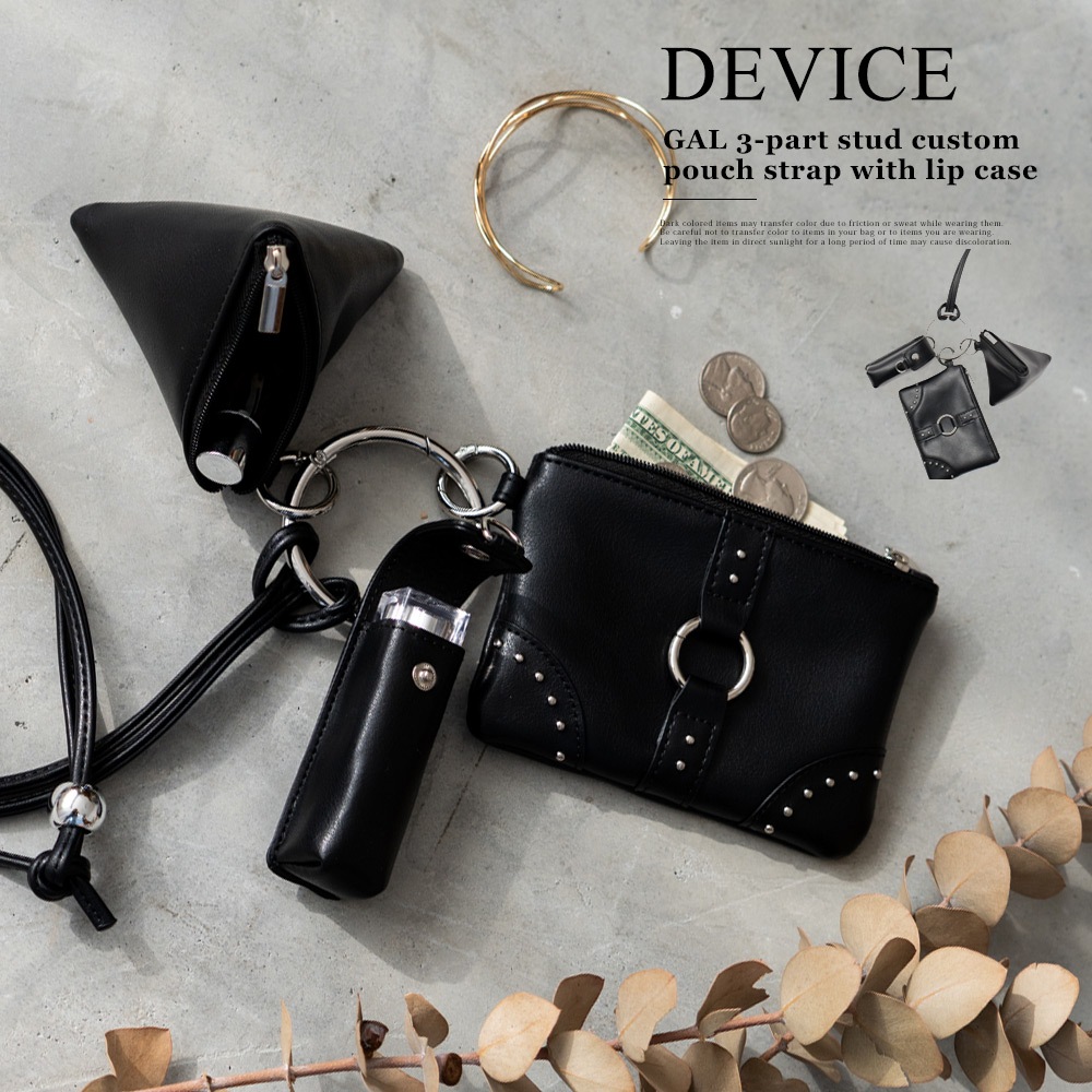 【クーポン利用で30％OFF】DEVICE 3パーツ スタッズカスタムポーチ ストラップ リップケース付き ショルダーストラップ ネックストラップ マルチポーチ リップポーチ 三角形 スタッズ 鋲 セット ミニマル 手ぶら キャッシュレス コンパクト モノトーン スタイリッシュ