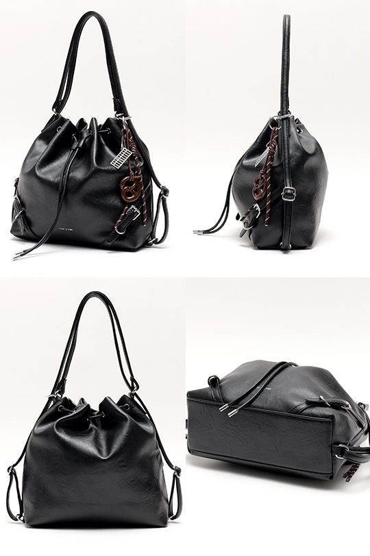 【2/2正午販売～】★先行受注特典50％OFF★3way ドローストリングバッグ 巾着 バッグ リュック ショルダーバッグ ハンドバッグ レディース 大人 レザー 調 大容量 2way 巾着バッグ バックパック 肩掛け 通勤 通学 お出かけ 旅行 おしゃれ かわいい きれいめ モード カジュアル ヴィンテージ風 チャーム付き