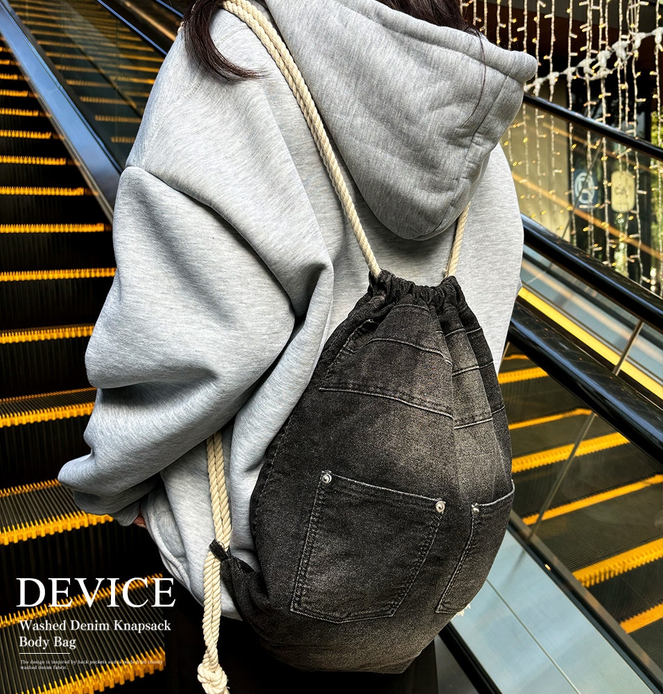 2025-2026AW新作【クーポンで25％OFF】DEVICE ウォッシュ デニム ナップザック ボディバッグ ナップサック リュックサック リュック ジムサック ジムバッグ 巾着 男女兼用 メンズ レディース バッグ 旅行 通学 おしゃれ 学生 デニム 加工 大容量 軽量 かばん 軽い ブランド ボディバッグ