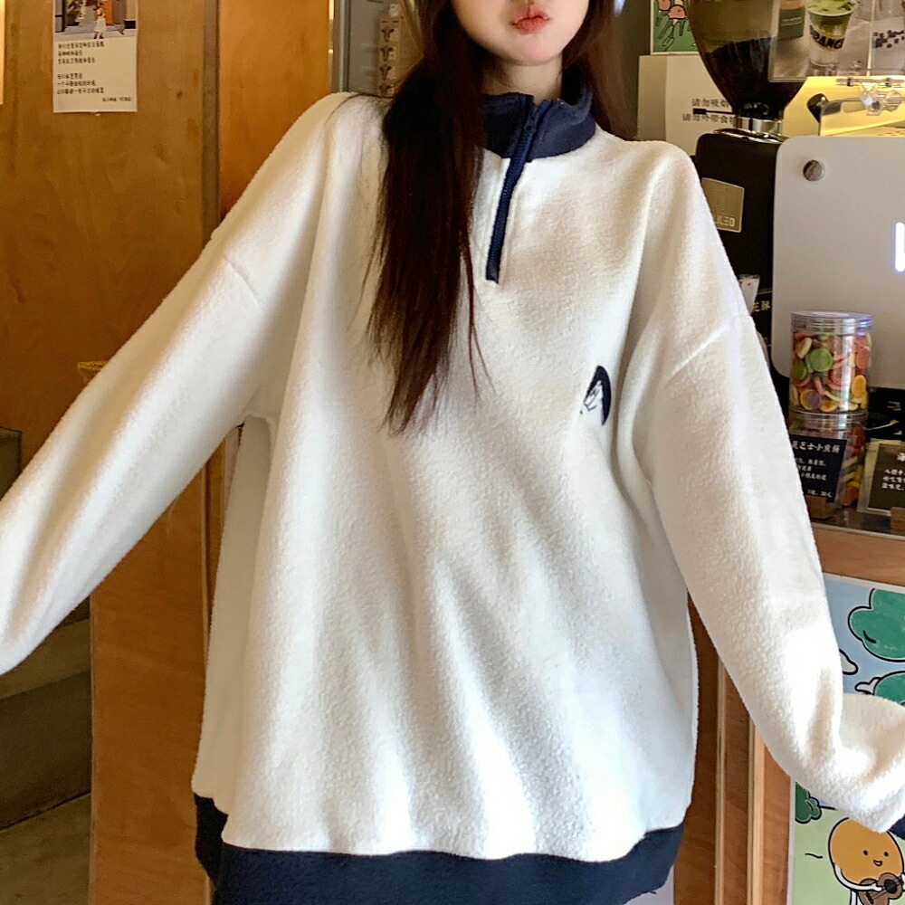 トレーナー レディース ハーフジップ メンズ ボア 韓国ファッション 大きいサイズ トップス 秋 冬 ビックシルエット おしゃれ 無地 オルチャンファッション 韓国服 長袖 ビッグ プルオーバー ユニセックス ハイネック