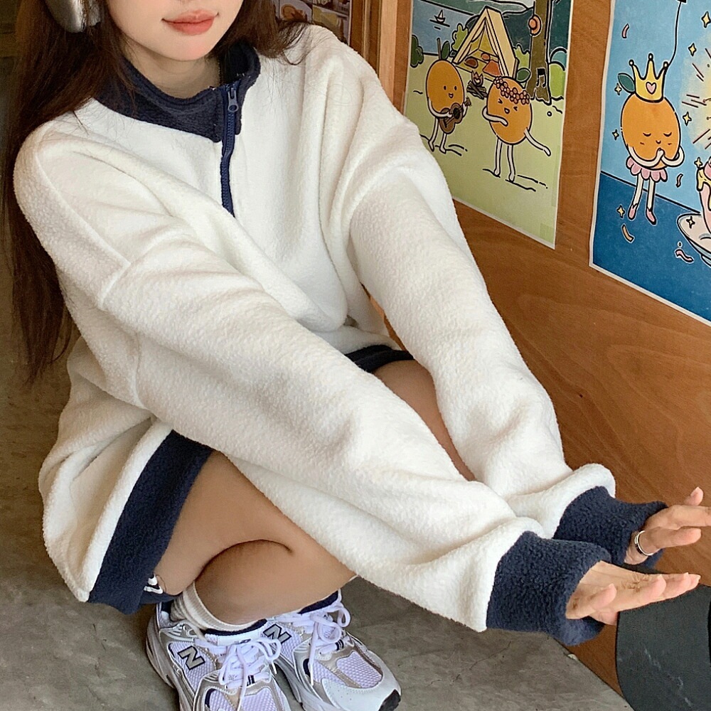 トレーナー レディース ハーフジップ メンズ ボア 韓国ファッション 大きいサイズ トップス 秋 冬 ビックシルエット おしゃれ 無地 オルチャンファッション 韓国服 長袖 ビッグ プルオーバー ユニセックス ハイネック