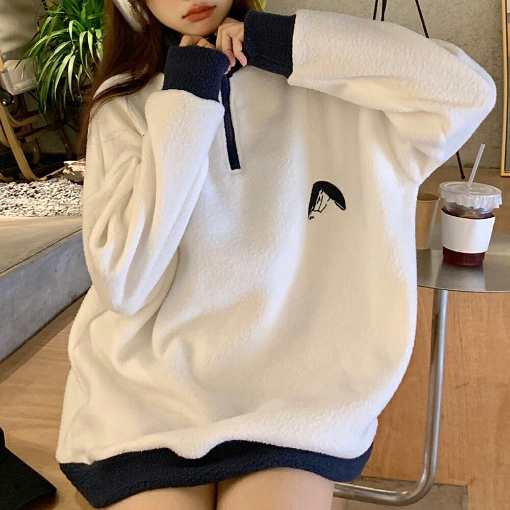 トレーナー レディース ハーフジップ メンズ ボア 韓国ファッション 大きいサイズ トップス 秋 冬 ビックシルエット おしゃれ 無地 オルチャンファッション 韓国服 長袖 ビッグ プルオーバー ユニセックス ハイネック